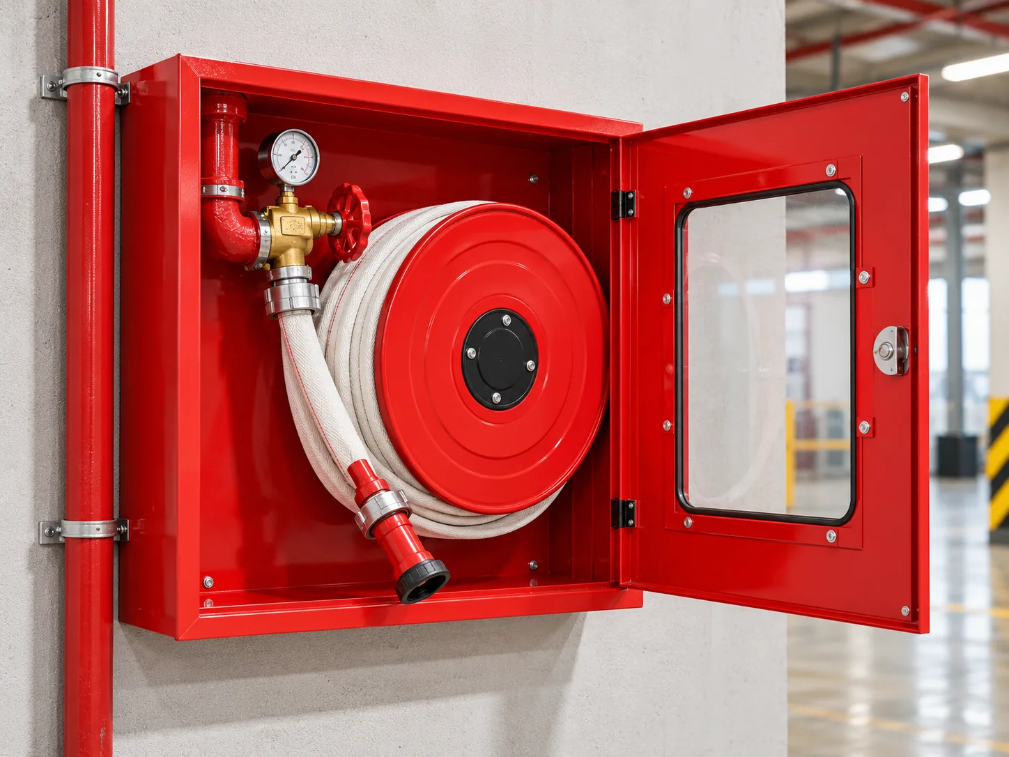 Boca de incendio equipada con manguera enrollada, manómetro y válvula, instalada en un gabinete rojo dentro de un establecimiento