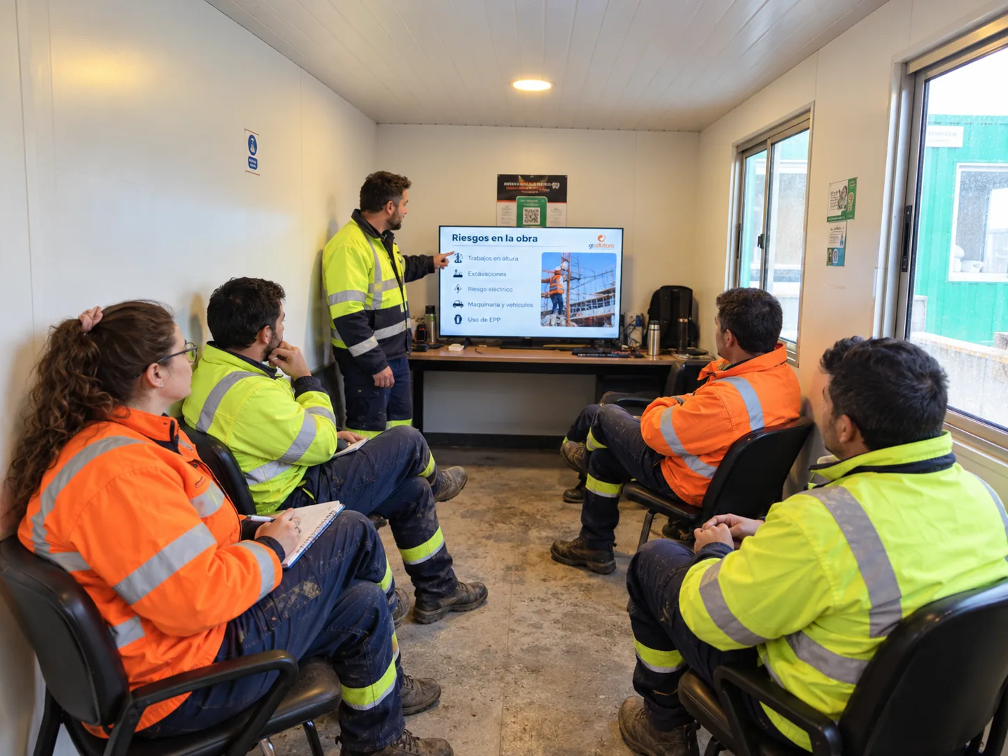 Entorno de capacitación en contenedor de obra con indumentaria de alta visibilidad