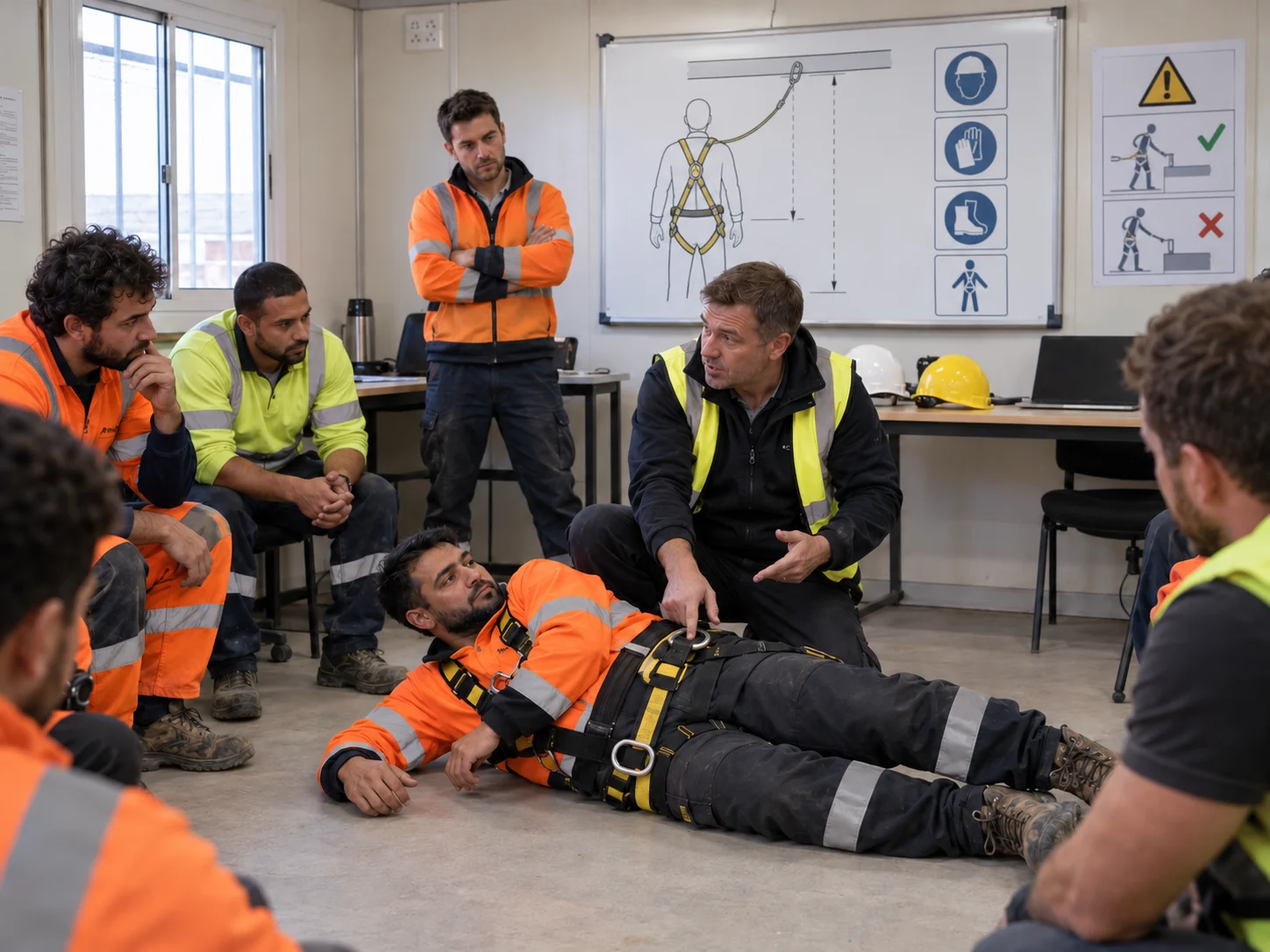 Capacitación práctica sobre arneses de seguridad y prevención de caídas en la construcción