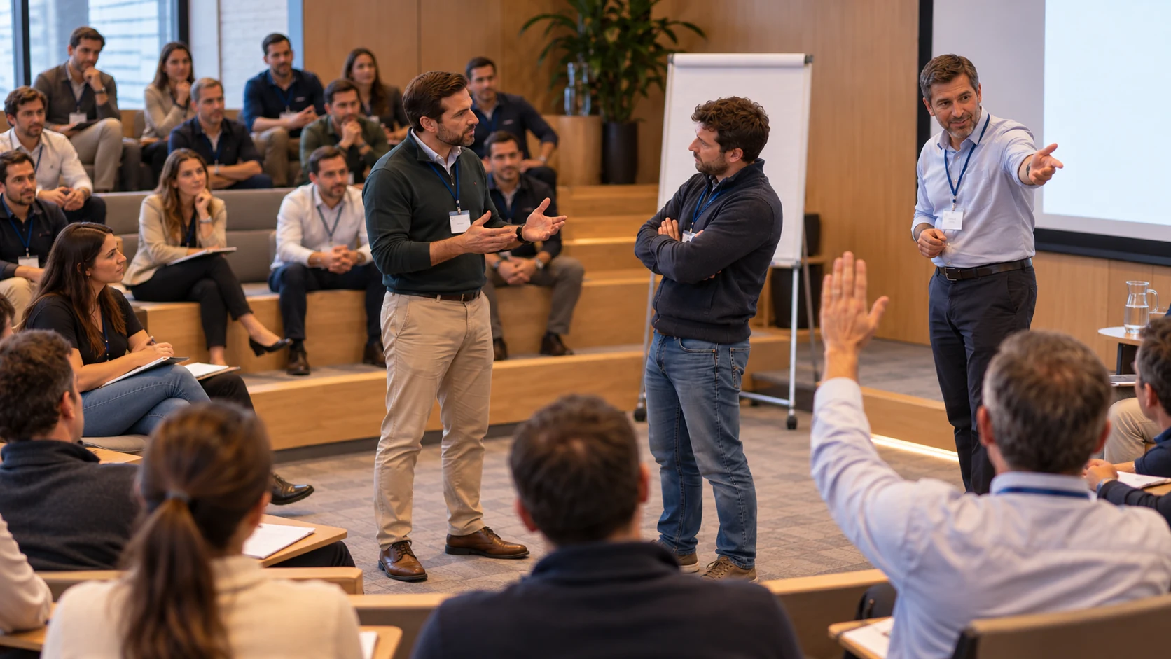 Ilustración conceptual de un taller de liderazgo: dos participantes representan una conversación difícil frente a un facilitador y un público participativo
