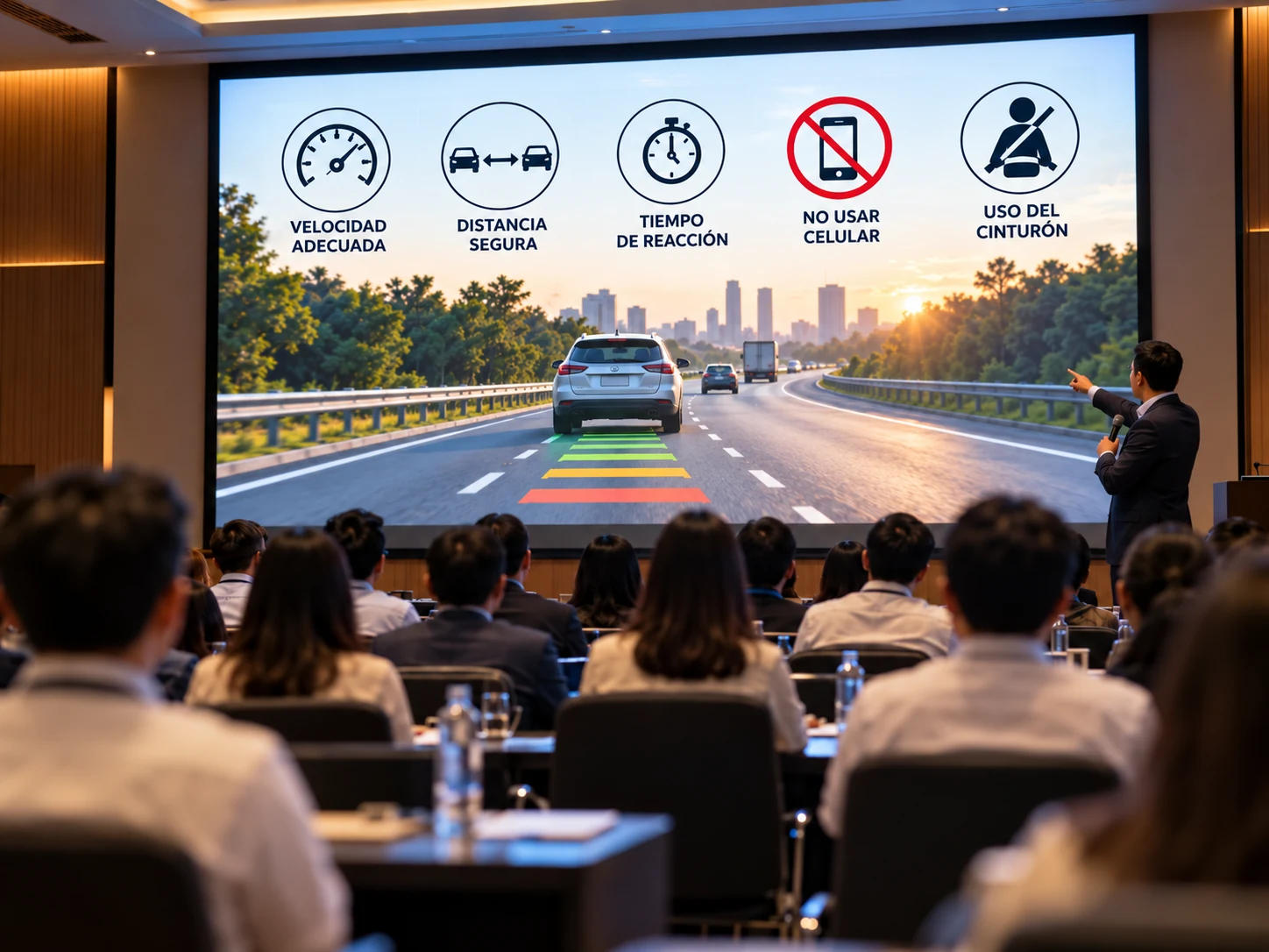 Ilustración de un seminario corporativo de seguridad vial, con participantes y contenidos sobre velocidad, distancia segura, tiempo de reacción, distracciones y cinturón de seguridad