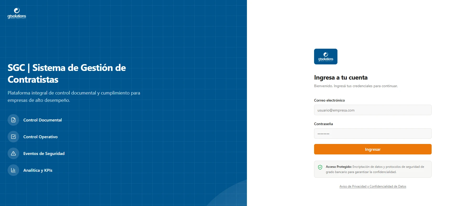 Pantalla institucional de acceso al SGC de GT Solutions, Sistema de Gestión de Contratistas.